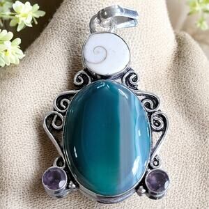 Blue Banded Agate, Shiva Eye Shell & Amethyst Pendant, Sterling Silver Necklace